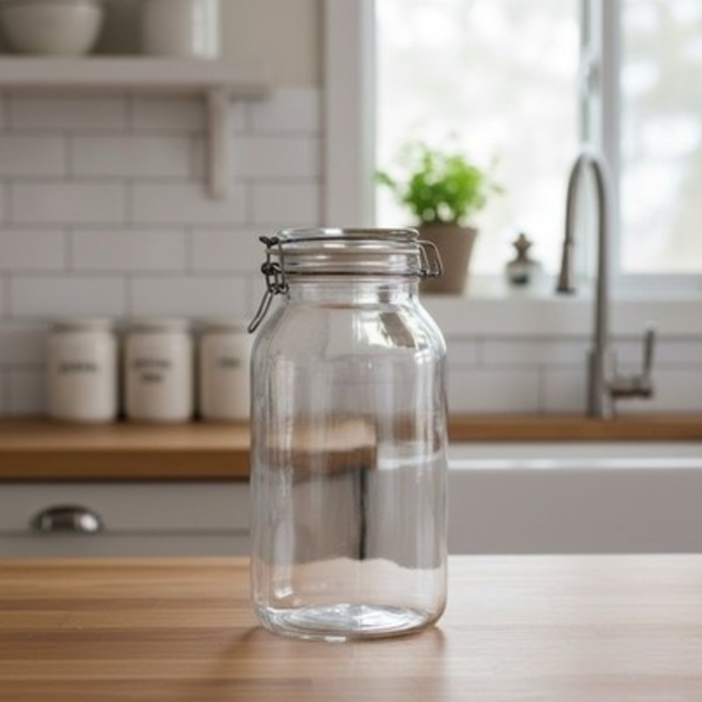 Vintage Large Glass Square Canister Jar Wire Bail Swing Top 11" Storage Good